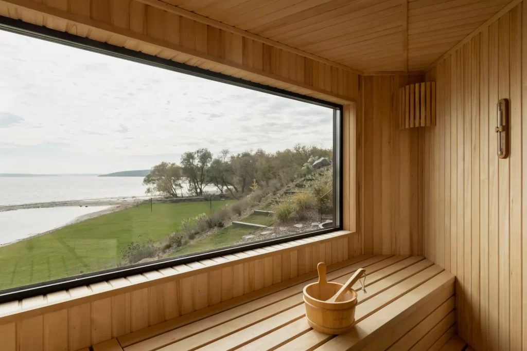 A view from within a sauna looking out over a lake