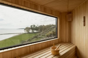 A view from within a sauna looking out over a lake