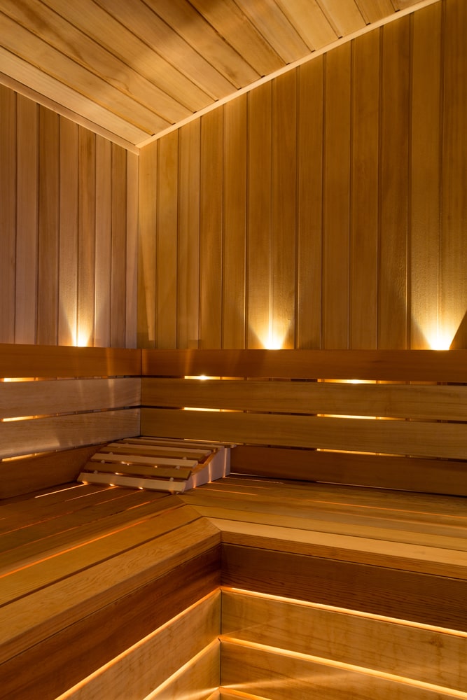 A sauna interior with custom lighting